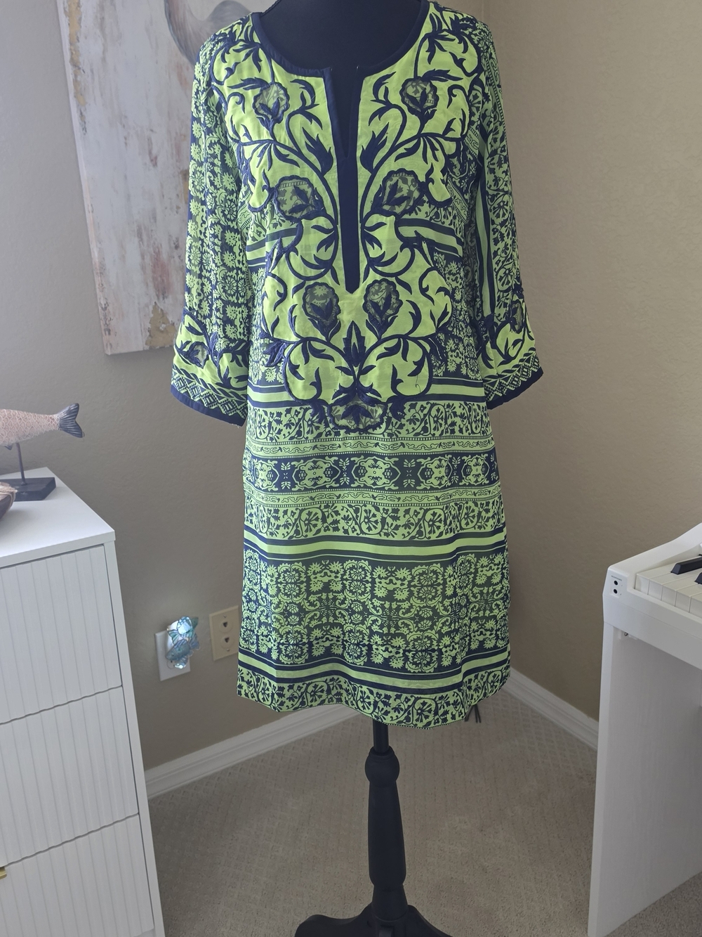 Gretchen Scott Vibrant Lime Green and Navy Printed Tunic Dress